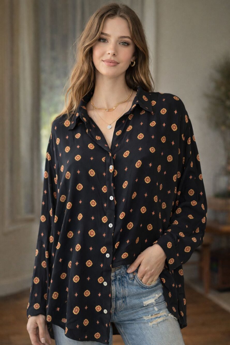Oversized Flowy Button Down Blouse Black Geometric Print Rayon Intimately FP S